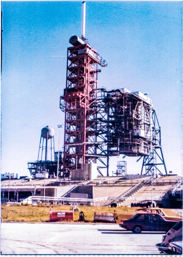 Image 049. The Rotating Service Structure at Space Shuttle Launch Complex 39-B, Kennedy Space Center, Florida spans the Flame Trench following its first-ever rotational proof-test, just prior to being retracted back to the demate position it was constructed in by Union Ironworkers from Local 808 working for Wilhoit Steel Erectors. Photograph by James MacLaren.